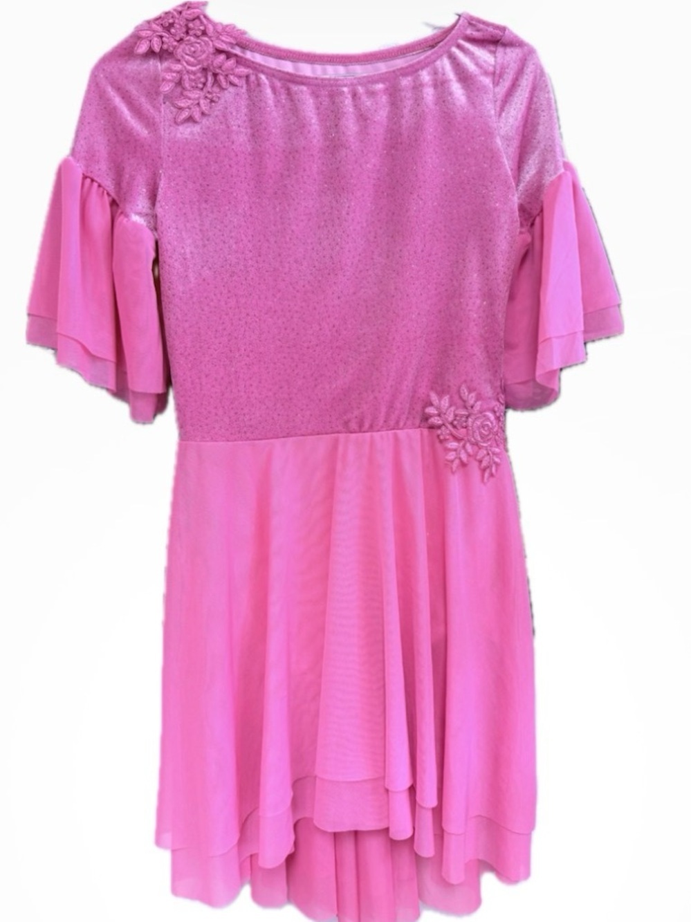 Weissman Pink Floral Appliqué Chiffon Dress